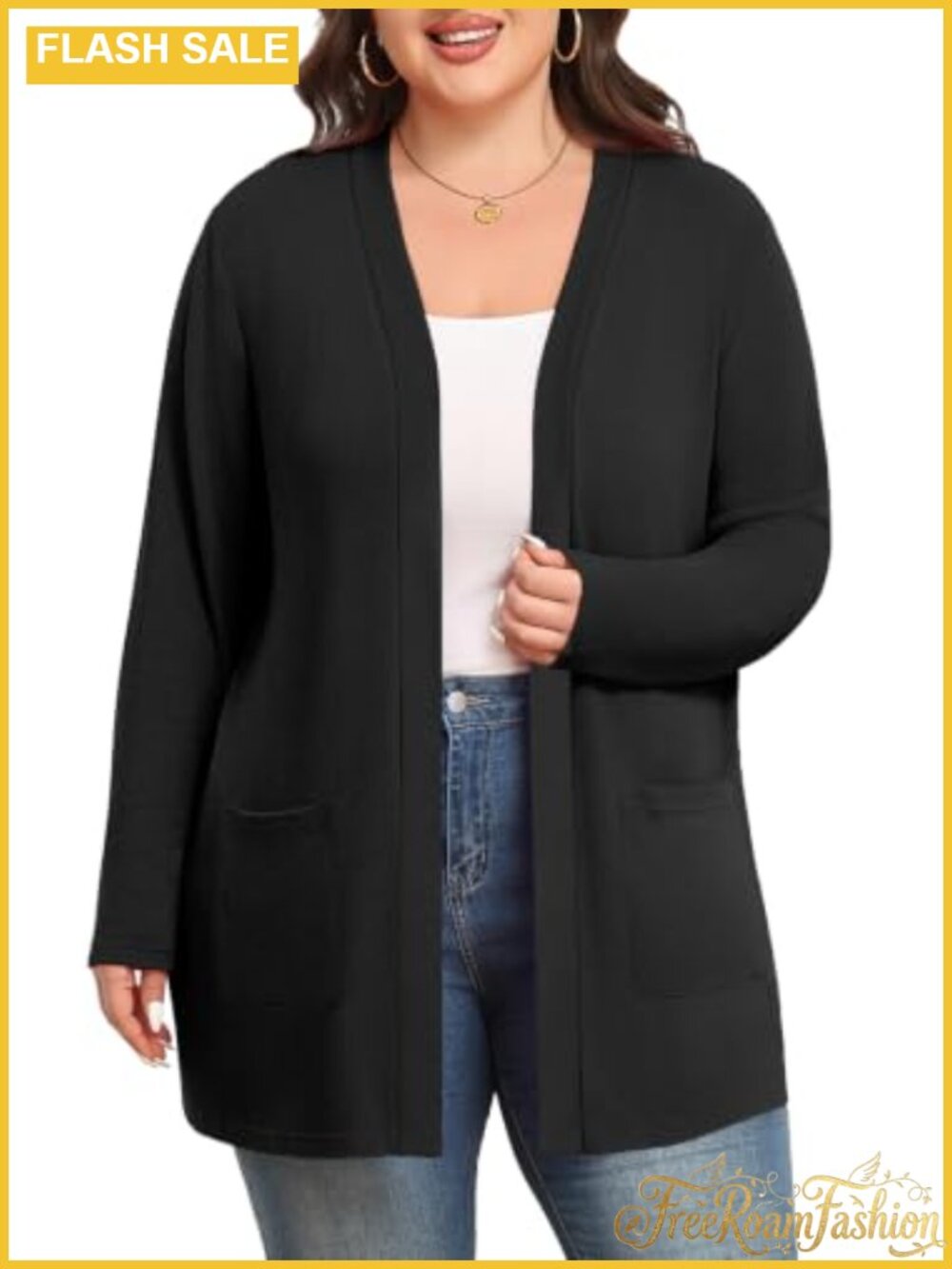 Plus Size Open Front Cardigan Long Sleeve Thin Knit Sweater with Pockets